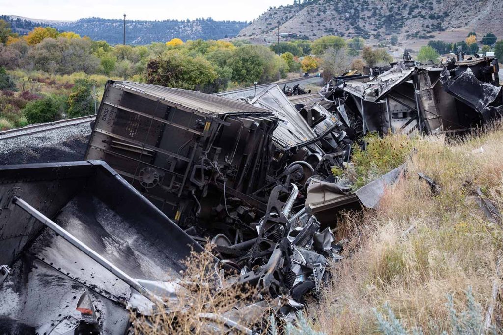 wrecked train cars